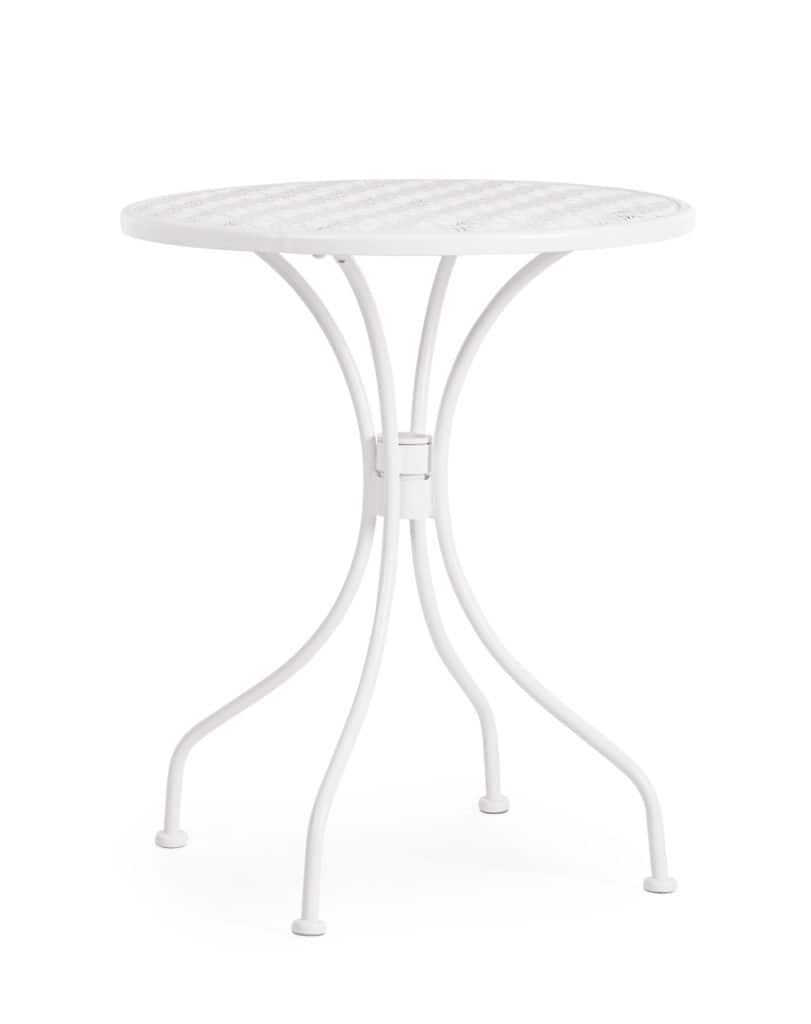 Tavolo da giardino in metallo bianco, ideale per spazi esterni, con struttura resistente e design elegante.