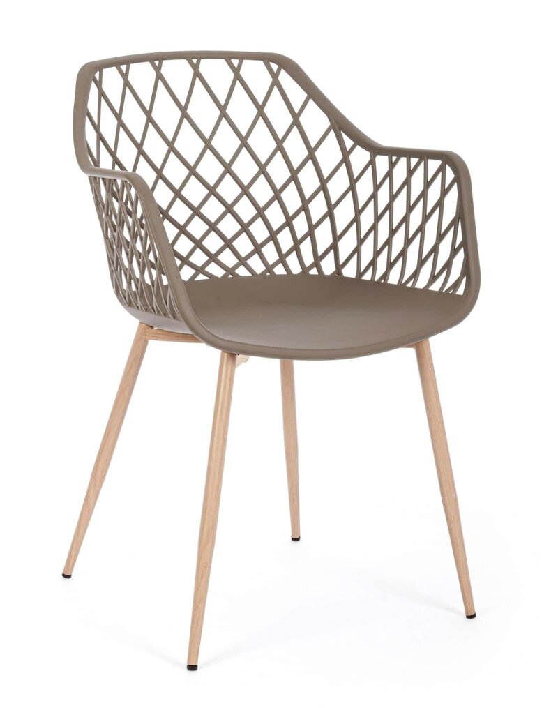 Sedia decorativa con rivestimento in plastica e gambe in legno naturale, perfetta per arredi eleganti e funzionali.