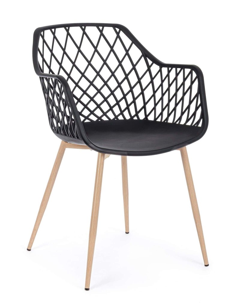 Sedia moderna con struttura in legno e sedile in plastica nera, ideata per interni eleganti e funzionali.