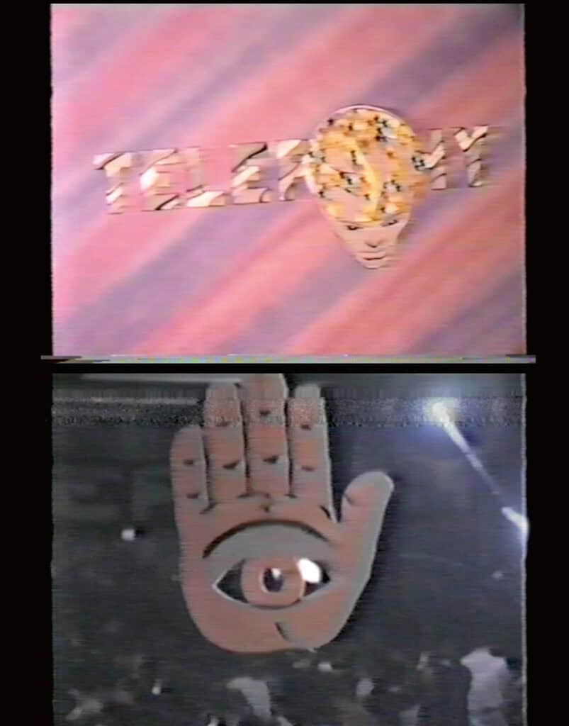 Iconic Telepathy club visuals with third-eye hand and psychedelic graphics from early 90s rave scene