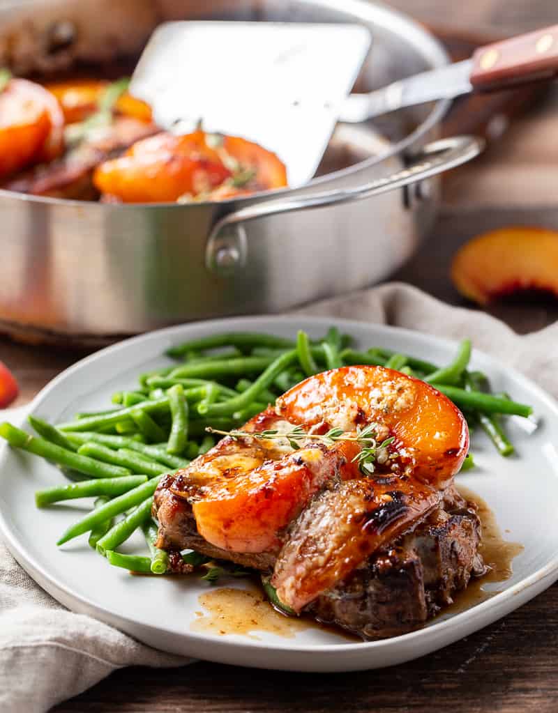 Balsamic Pork Chops with Peaches and Gorgonzola and Green Beans