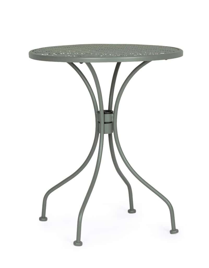 Tavolo da giardino in metallo grigio con design moderno, perfetto per ambienti esterni e terrazzi.