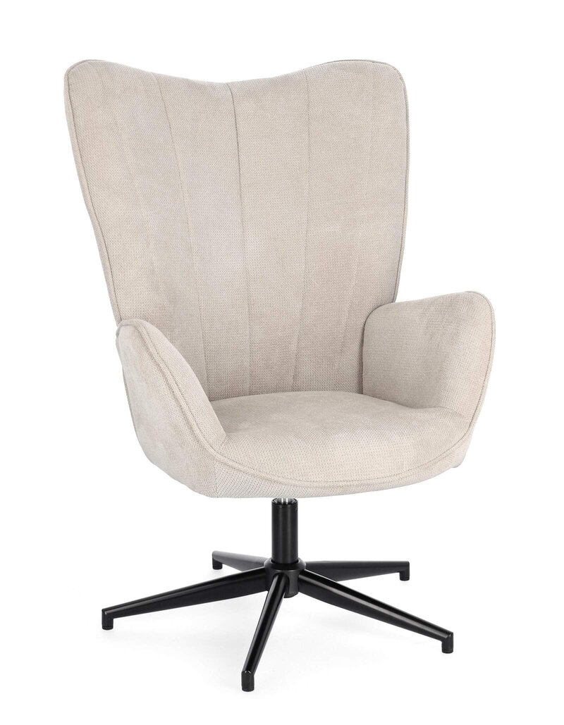 Poltrona ufficio imbottita in tessuto beige con base a cinque raggi e rotelle per massimo comfort.
