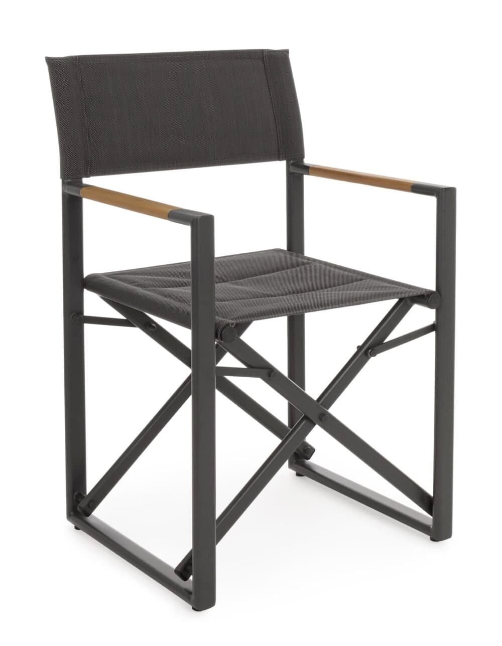 Sedia pieghevole moderna con strutture in metallo e tessuto resistente, perfetta per cortili e eventi outdoor.