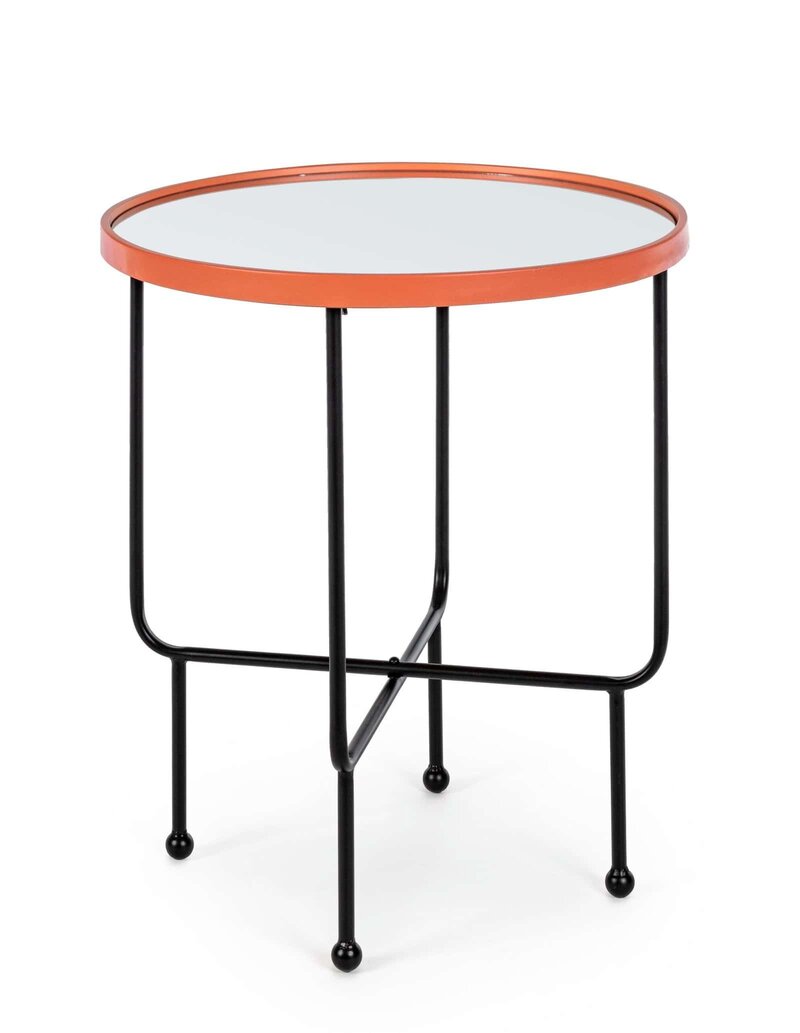 Alt text: Tavolino con superficie rossa e struttura in ferro nero, stile moderno.