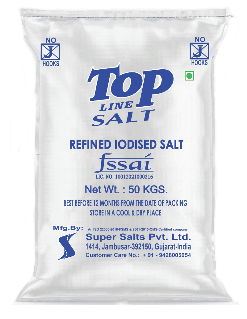 Topline refined iodised salt with FSSAI 3D 50 KG bag by Super Salts