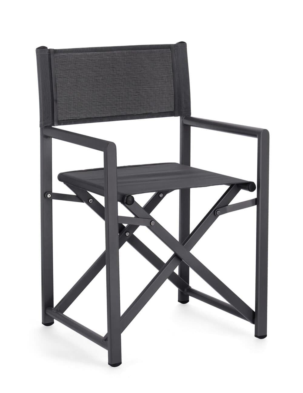 Sedia da regista nera con struttura in alluminio e tessuto resistente, ideale per esterni ed eventi.