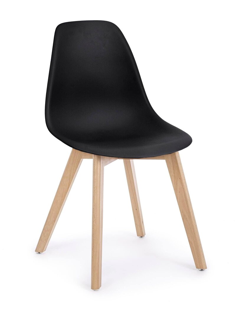 Sedia design moderna con seduta in plastica nera e base in legno naturale, ideale per ambienti dallo stile contemporaneo.