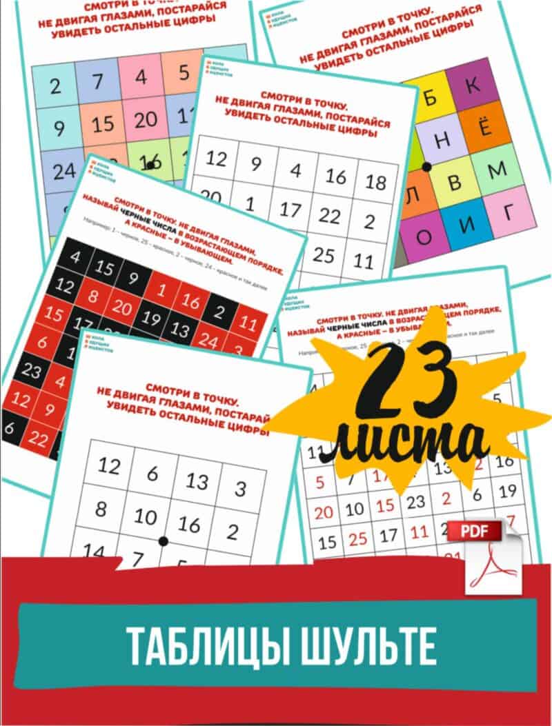 Таблицы шульте, черно — белые пробы Шульте цветные таблицы с цифрами и буквами красно-черные таблицы Горбова
