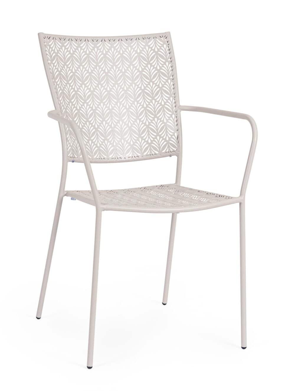 Sedia bianca con struttura traforata, perfetta per esterni e giardini, elegante e resistente.