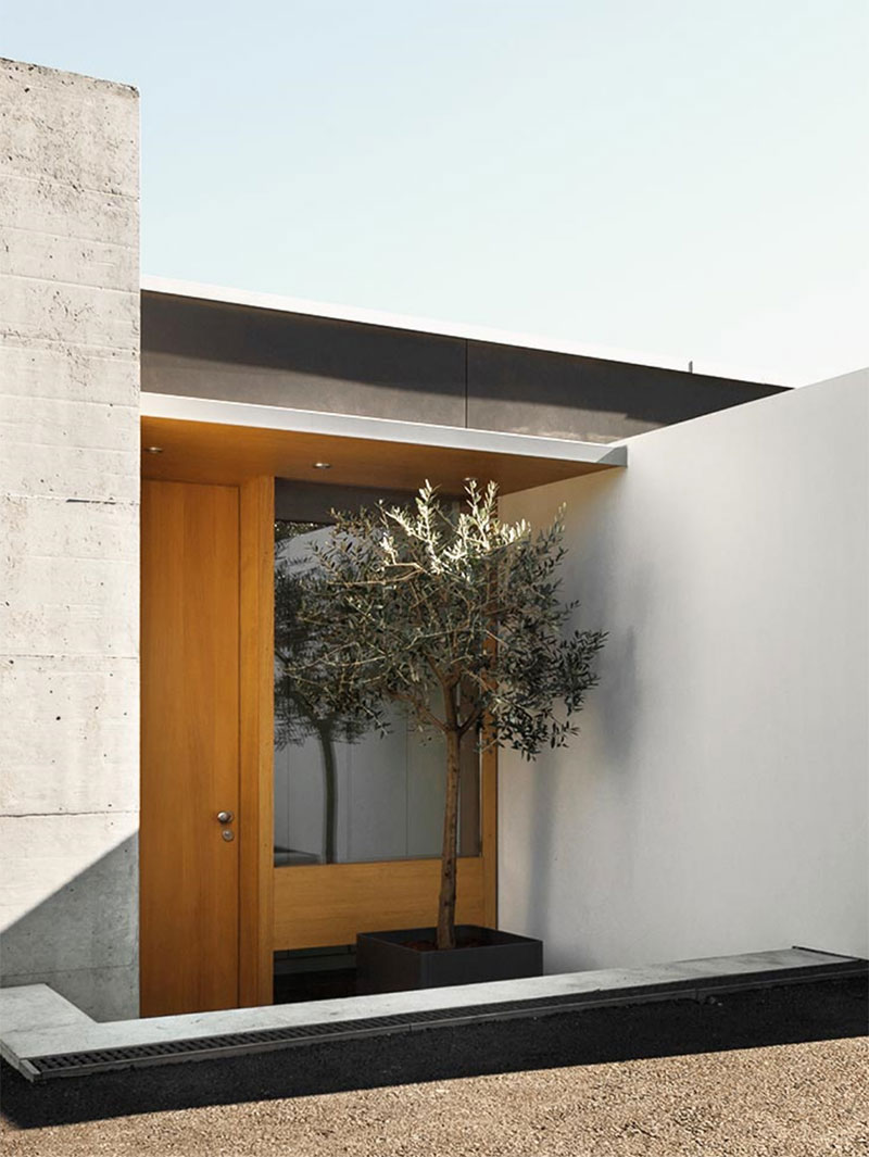 Contemporary residential entrance with minimalist design and natural wood accents.