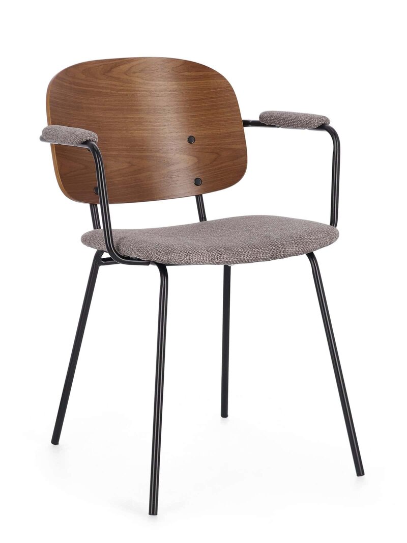 Sedia moderna con rivestimento tessile e schienale in legno, perfetta per ambienti di design.