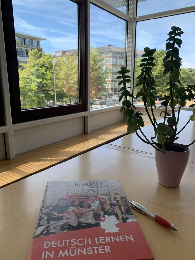 Broschüre „Deutsch lernen in Münster“ liegt auf einem Tisch vor hellem Fenster mit Blick auf Stadt und Grün