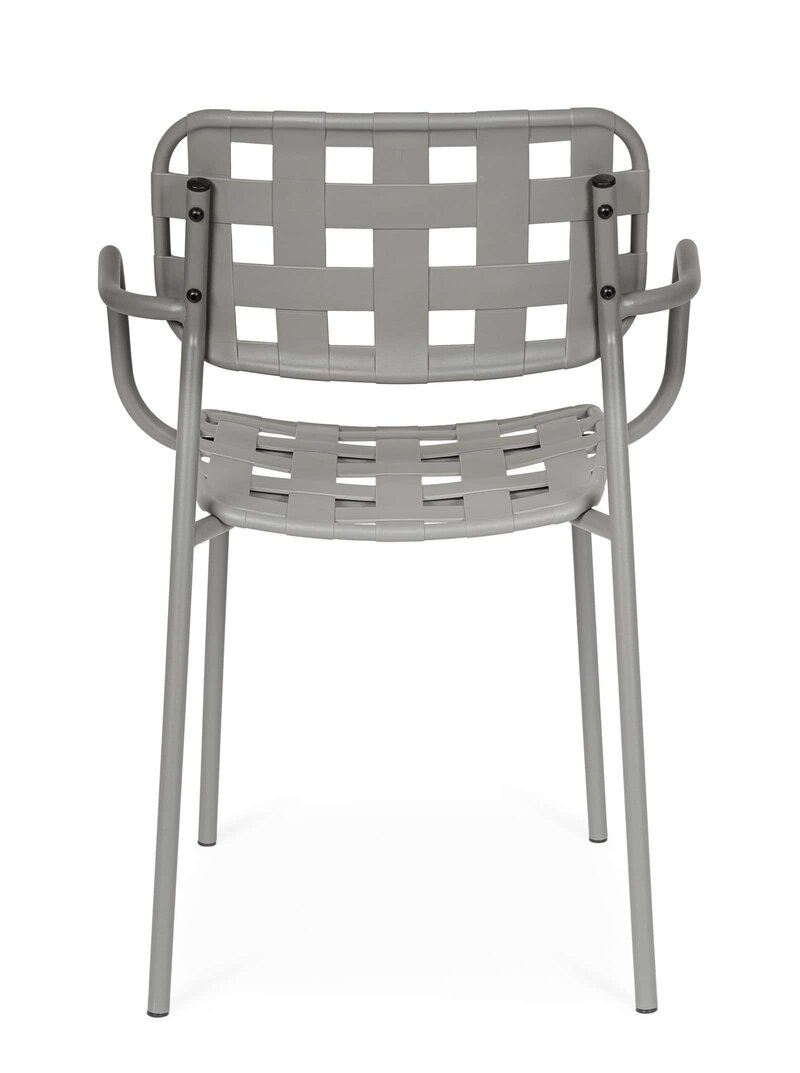 Sedia in plastica grigia con design a intreccio, stile contemporaneo e resistente, perfetta per interni ed esterni.