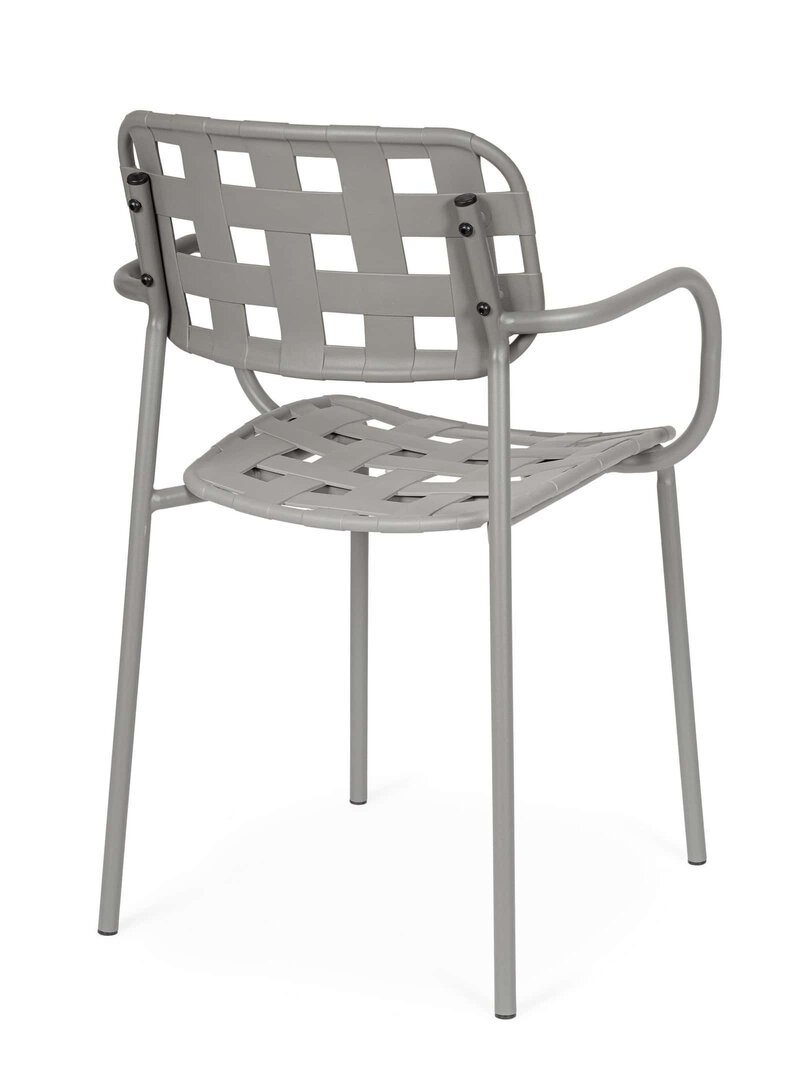 Sedia da esterno grigia con seduta e schienale in tessuto intrecciato metallico.