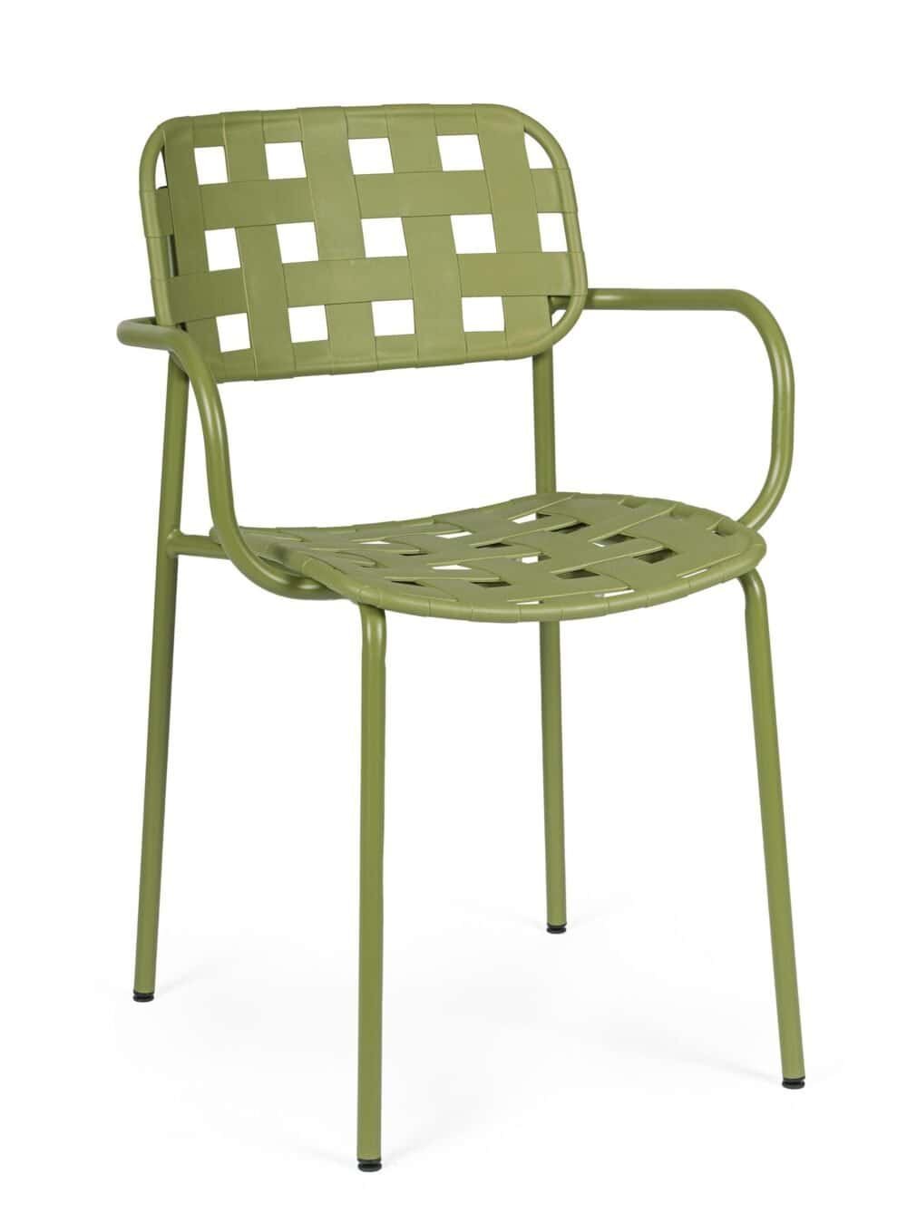 Sedia moderna in plastica verde con braccioli e design a intreccio. Perfetta per esterni e giardino.