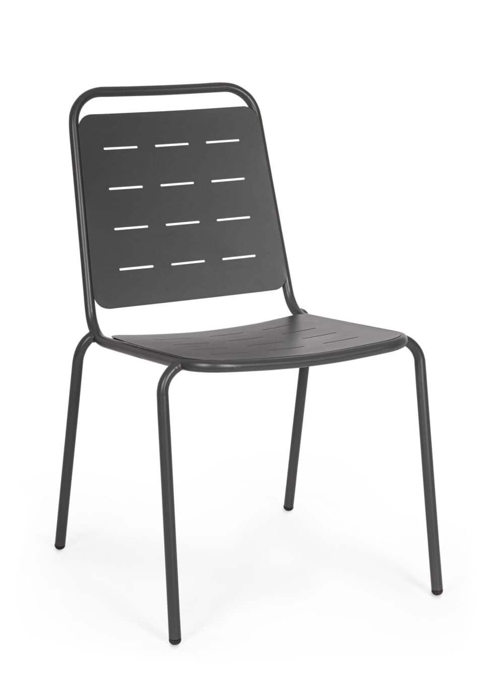 Sedia in metallo nera con seduta e schienale perforati, ideale per interni ed esterni.