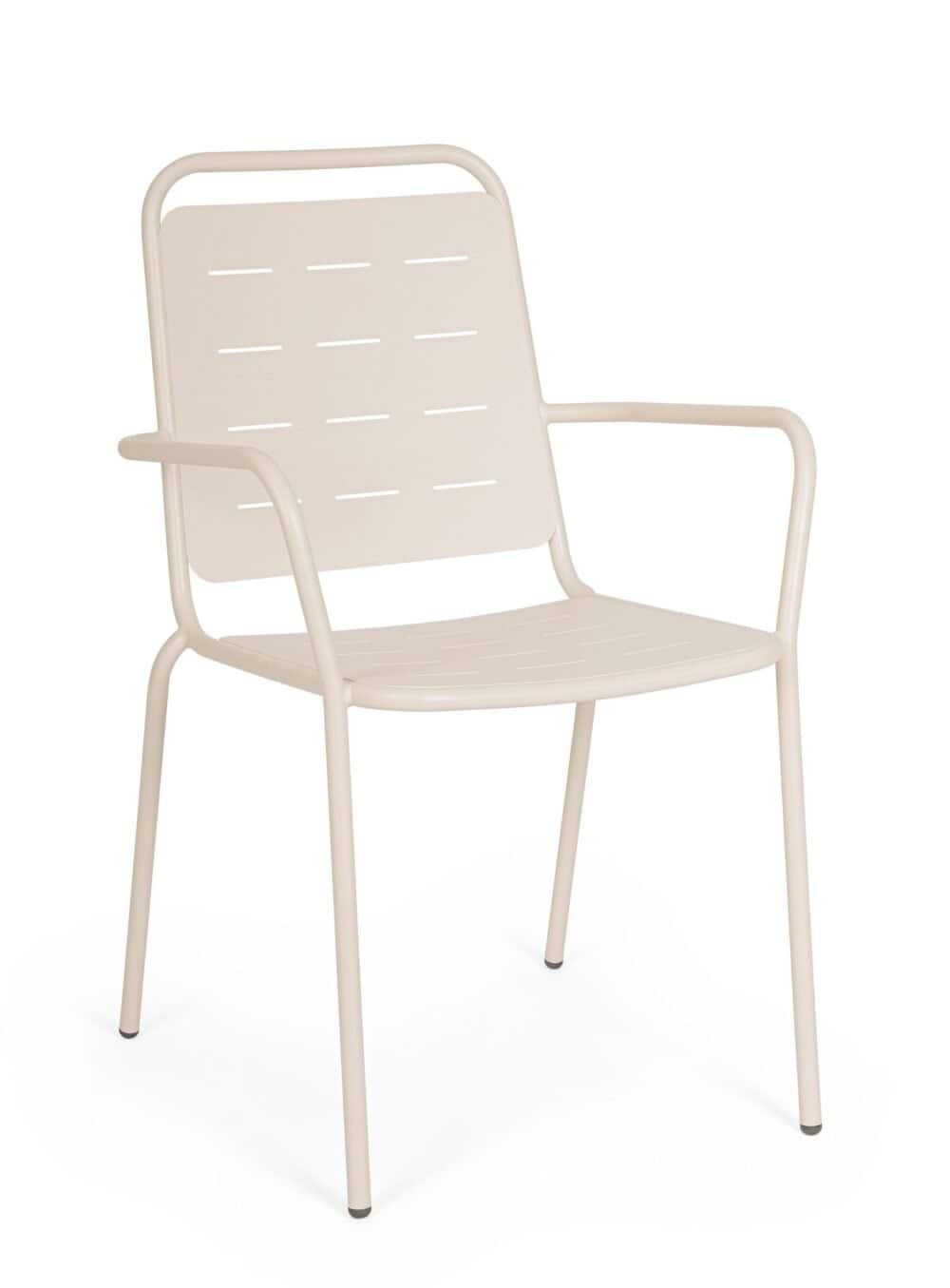 Sedia moderna in metallo bianco con braccioli, ideale per spazi esterni eleganti.