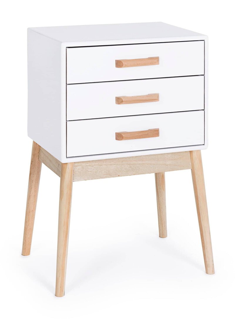 Cassettiera bianca con maniglie in legno e gambe in legno naturale, mobile pratico e dal design minimalista.