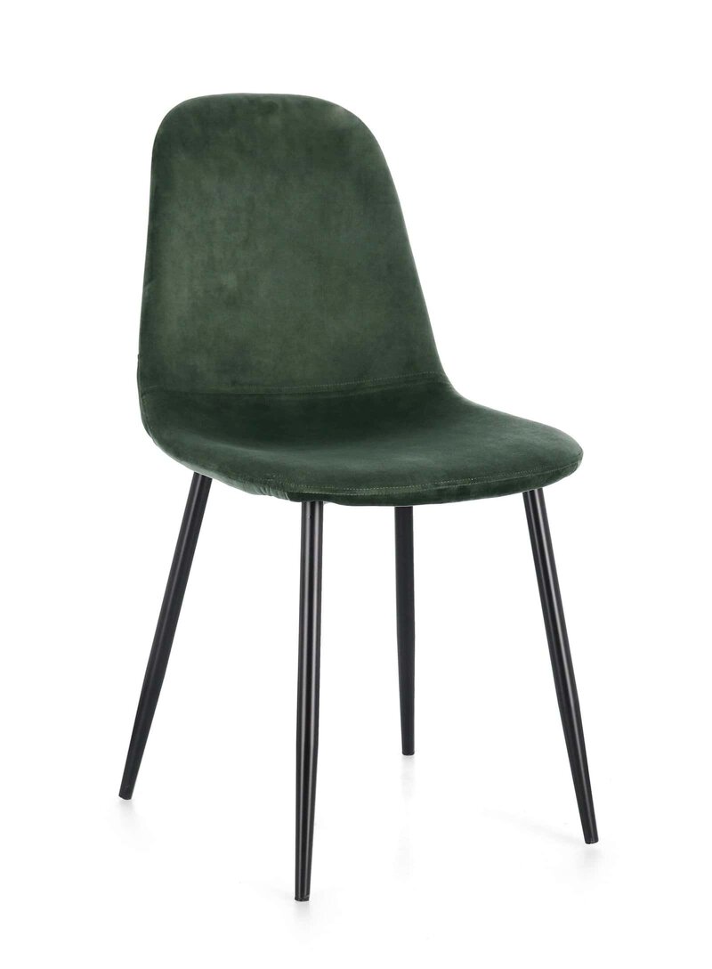 Sedia in velluto verde scuro con gambe in metallo nero, design elegante e sensazionale, perfetta per interni eleganti.