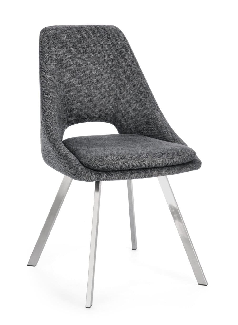 Sedia ergonomica in tessuto grigio con struttura in metallo slanciata.