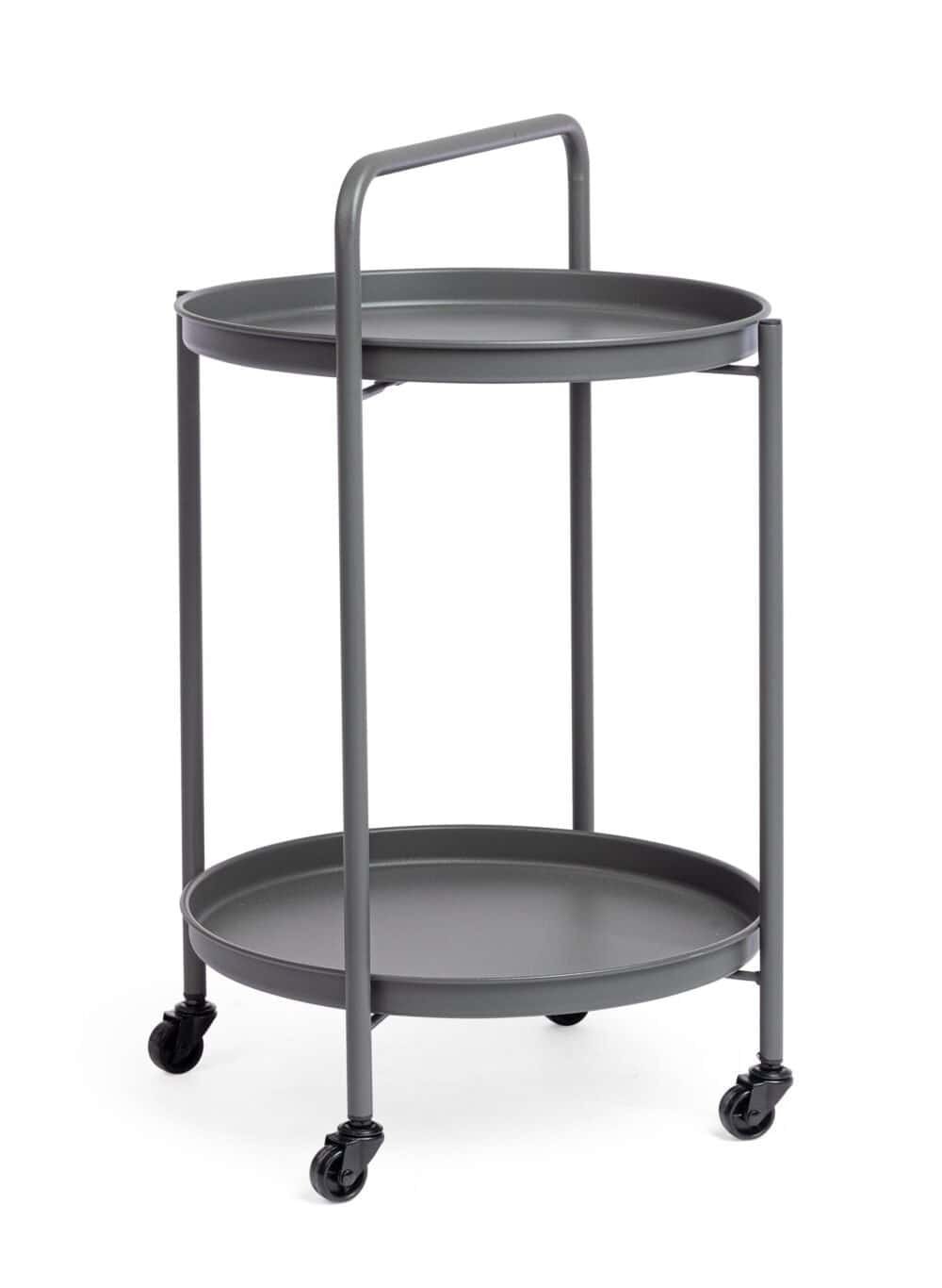 Carrello tondo in metallo grigio con due piani, ideale per uso domestico ed espositivo.