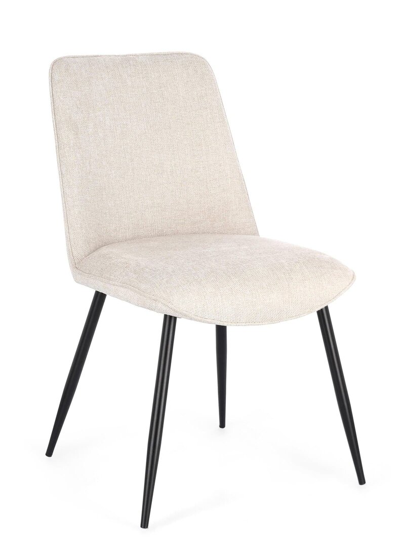 Sedia in tessuto beige con gambe nere, design elegante e moderno, perfetta per ambienti sofisticati.