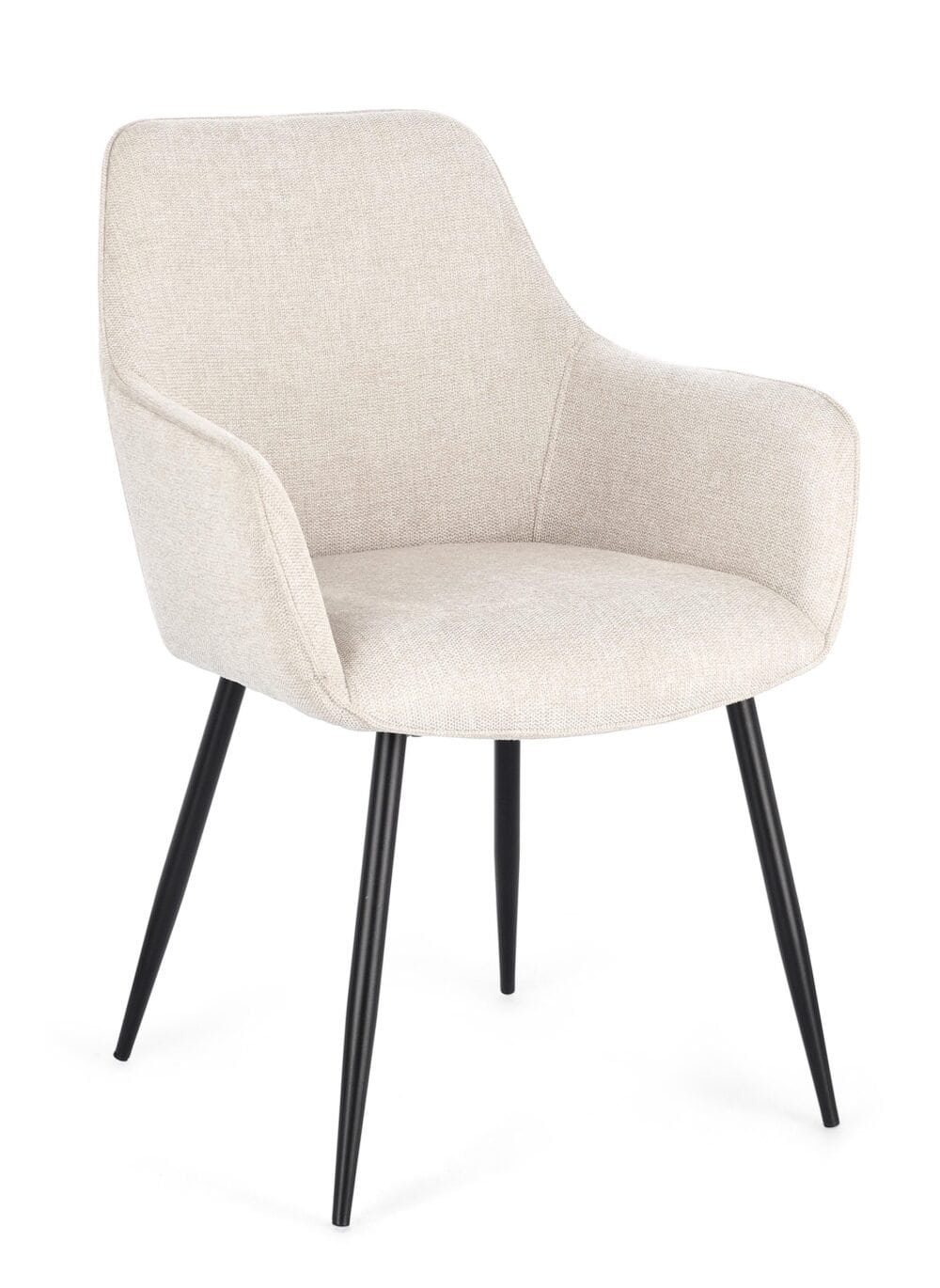 Poltrona con rivestimento tessile beige e gambe nere per arredi contemporanei.