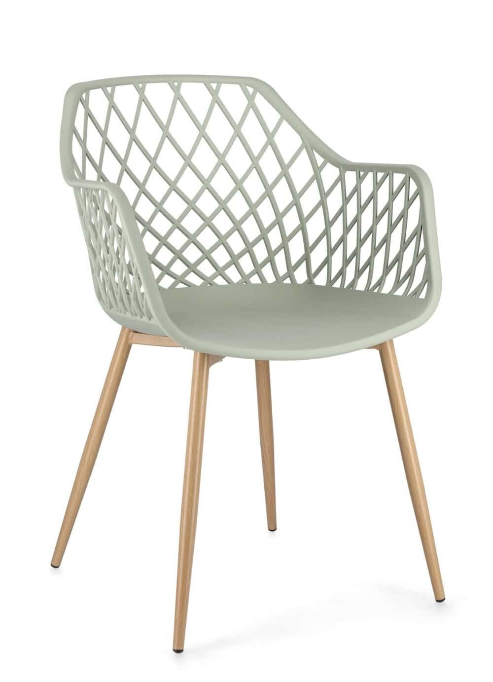 Sedia design in plastica con struttura in legno, ideale per interni ed esterni, stile contemporaneo.