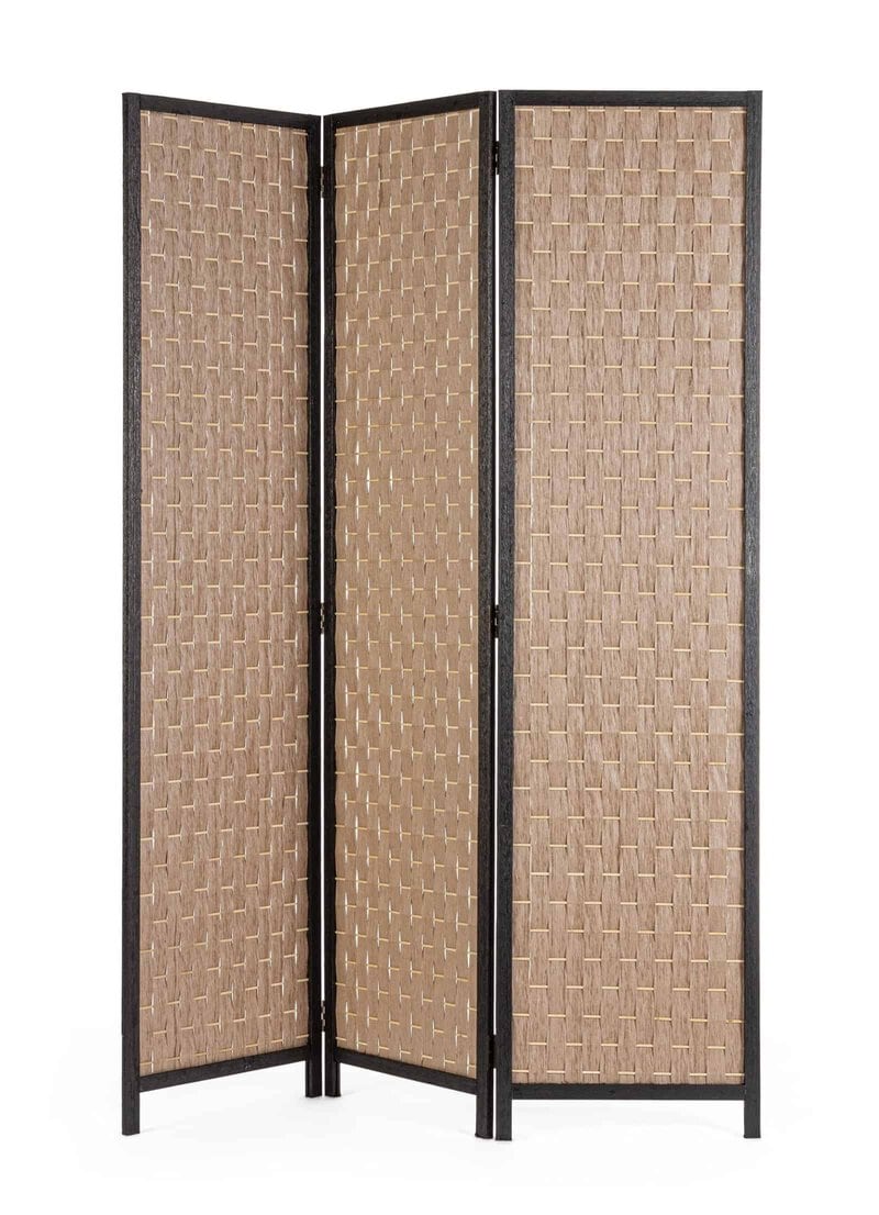 Divisorio in legno con pannelli di fibre naturali per arredi eleganti.