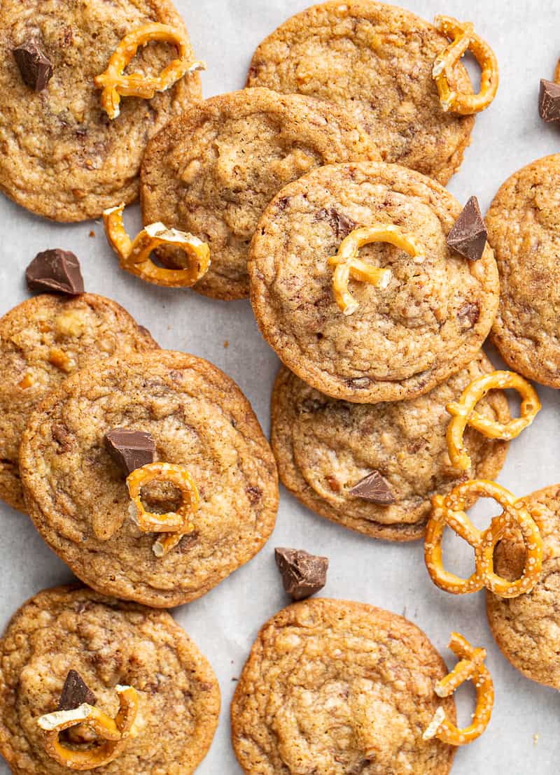 brown butter chocolate chip cookie with toffee and pretzel