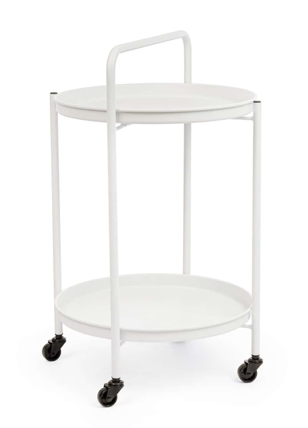 Carrello bianco con due piani circolari, ideale per interni eleganti e funzionali.