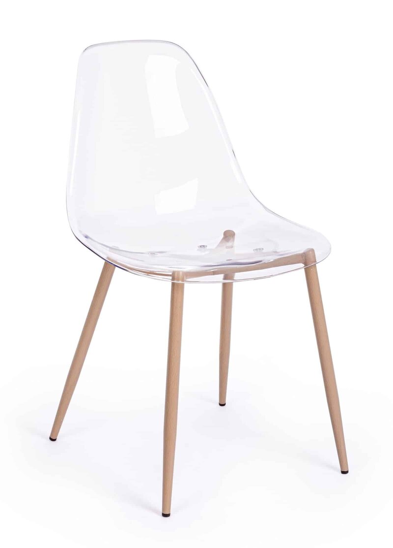 Sedia in plastica trasparente con gambe in legno per arredamento elegante e funzionale.