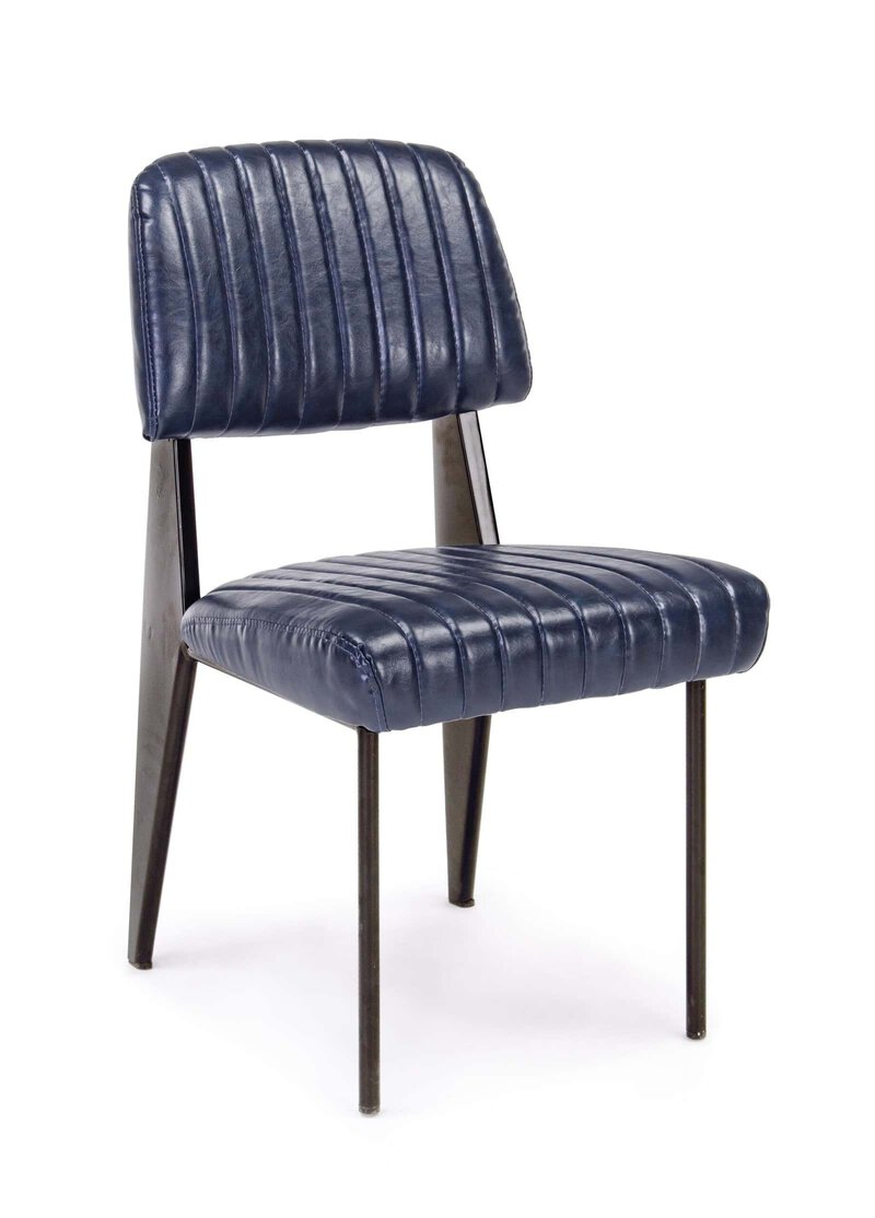 Sedia in pelle blu con struttura in metallo nero, stile retrò e design elegante. Perfetta per interni moderni o vintage.