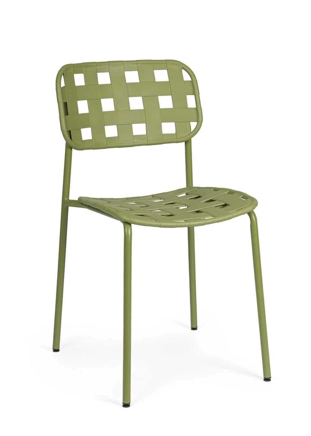 Sedia in plastica verde con struttura resistente, perfetta per giardini, terrazzi e cucina.