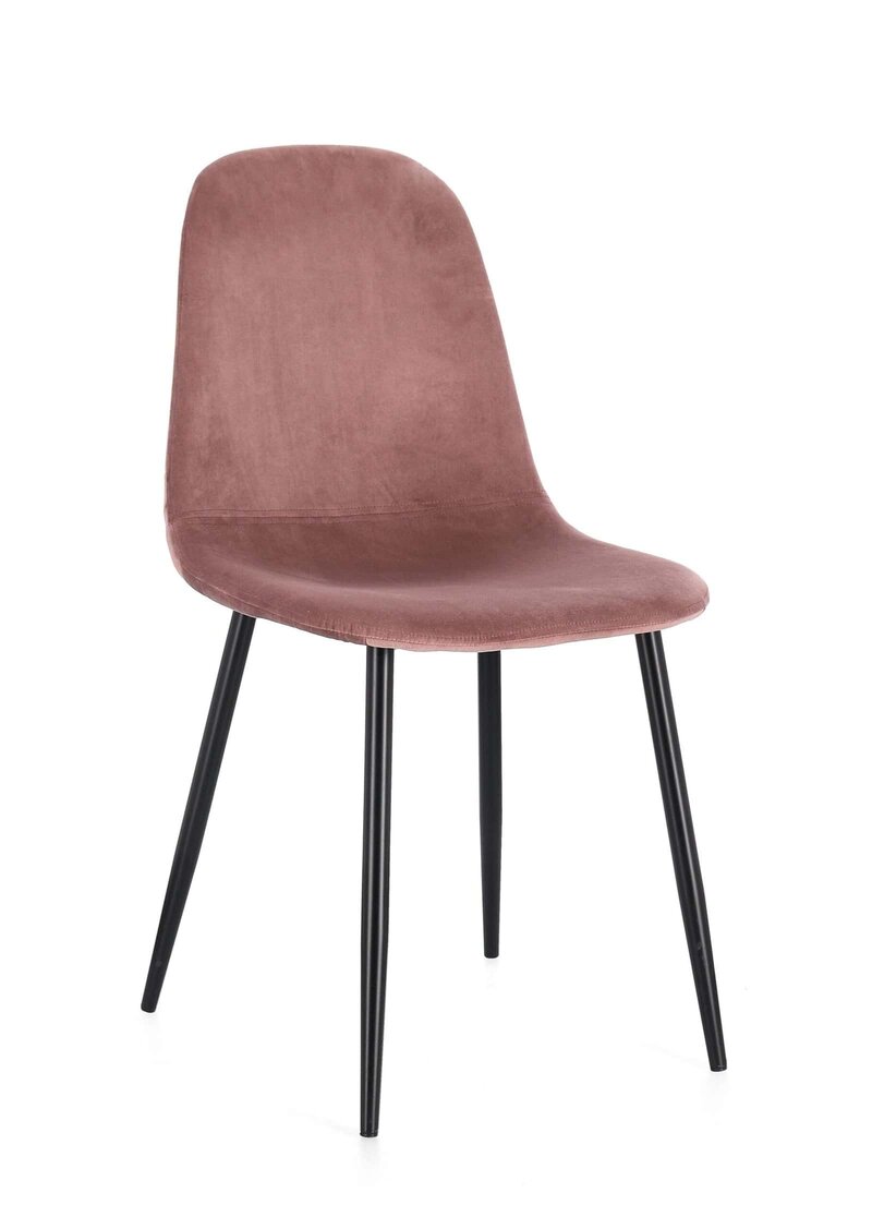 Sedia moderna in velluto rosa con gambe nere in metallo per arredo elegante.