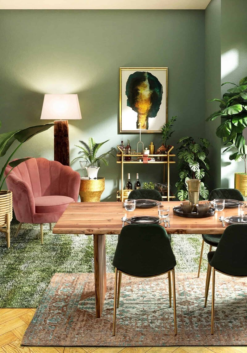 Divano rosa, tavolo in legno, piante verdi ed elementi di decorazione sofisticati.