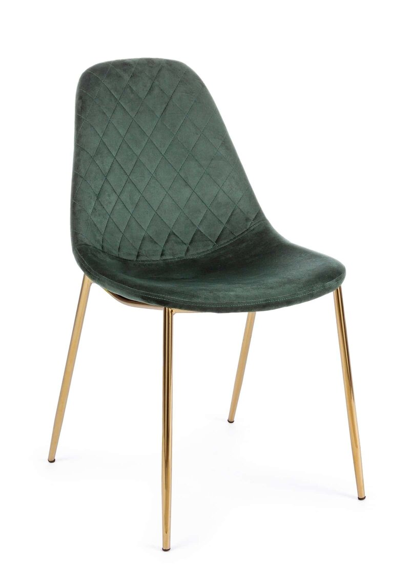 Sedia moderna in velluto verde con dettagli dorati, perfetta per arredamento di design.