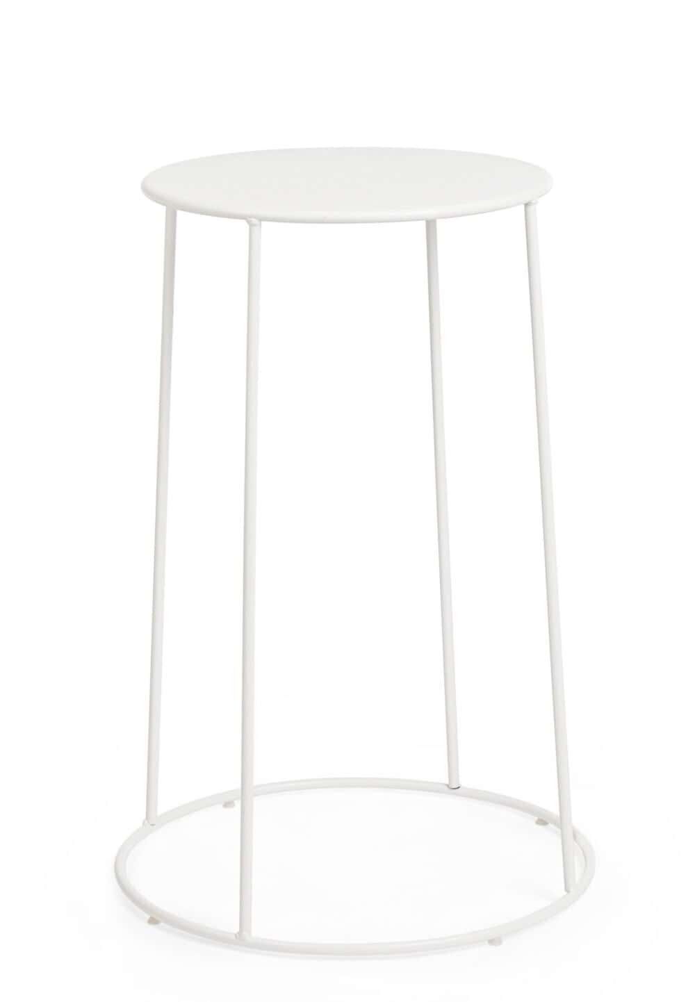 Tavolino bianco minimalista con struttura in metallo, perfetto per arredi contemporanei e salotti eleganti.