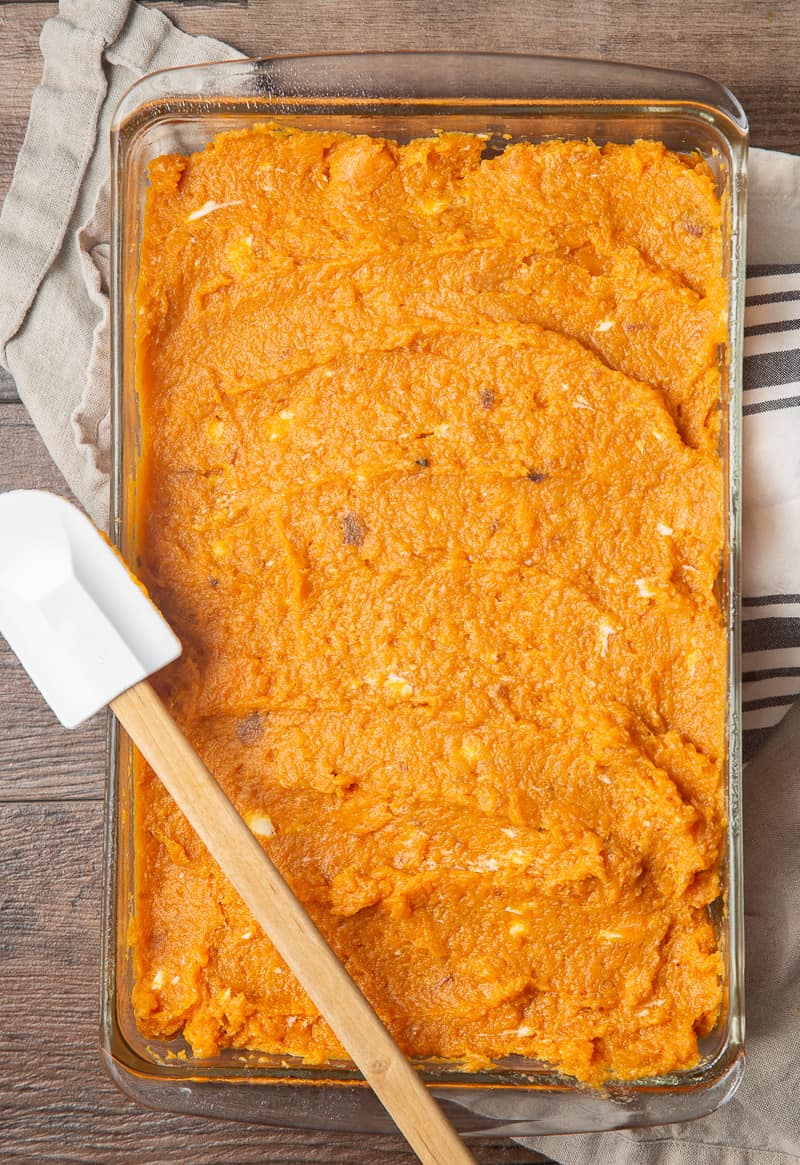 Sweet Potato Casserole ready for freezer