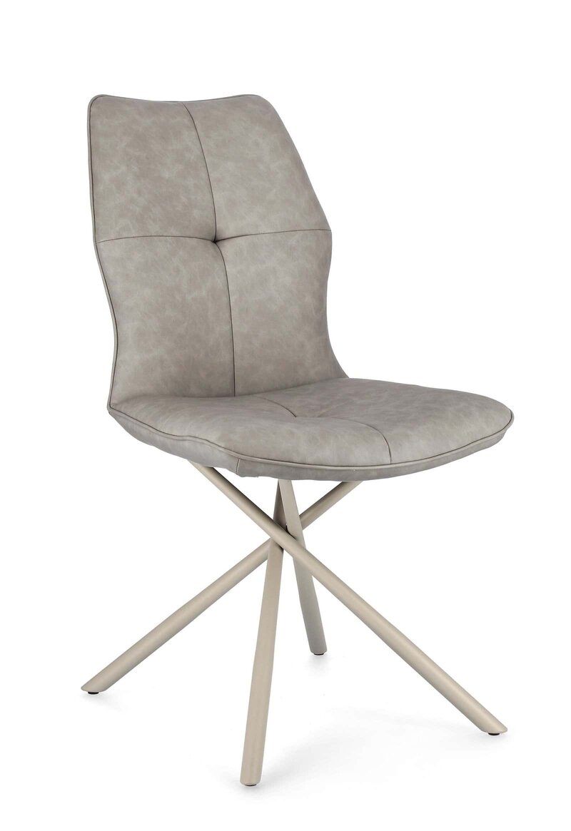 Sedia design in pelle beige con struttura in legno, perfetta per cucina o salotto.