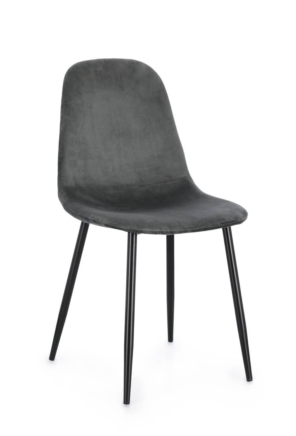Sedia design con gambe nere e rivestimento in velluto grigio elegante.