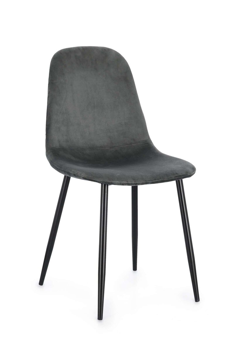 Sedia design con gambe nere e rivestimento in velluto grigio elegante.