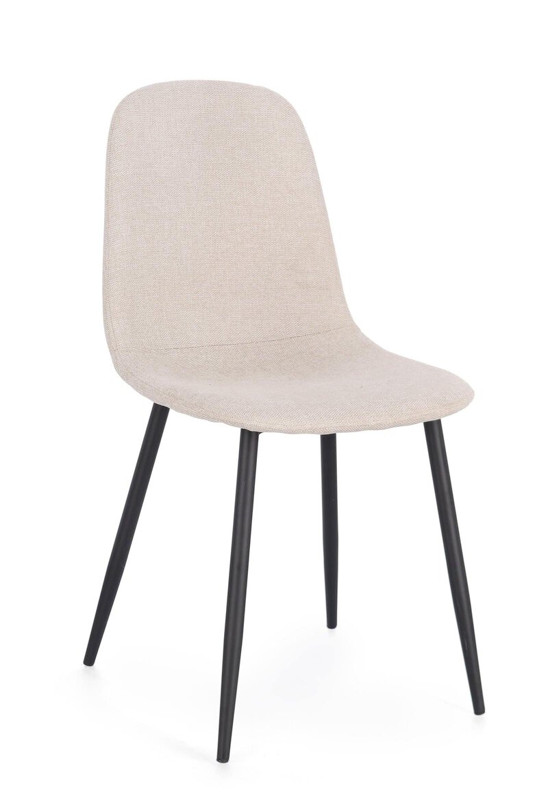 M台 alt text: Sedia moderna in tessuto beige con gambe in metallo nero.