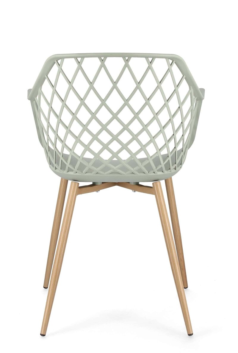 Sedia moderna con struttura in plastica e gambe in legno, ideale per ambienti interni ed esterni.