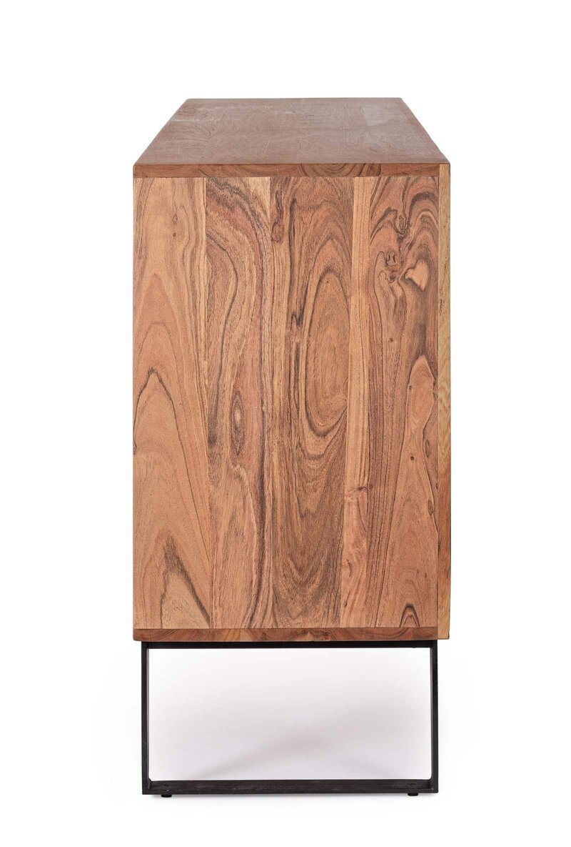 Descrizione ambientata: elegante tavolo in legno naturale con basamento in metallo nero, perfetto per arredare con stile la casa o l'ufficio.