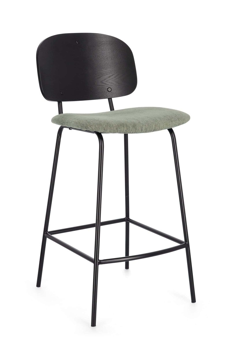 Sedia moderna con sedile imbottito e schienale in legno nero, perfetta per ambienti interni eleganti.