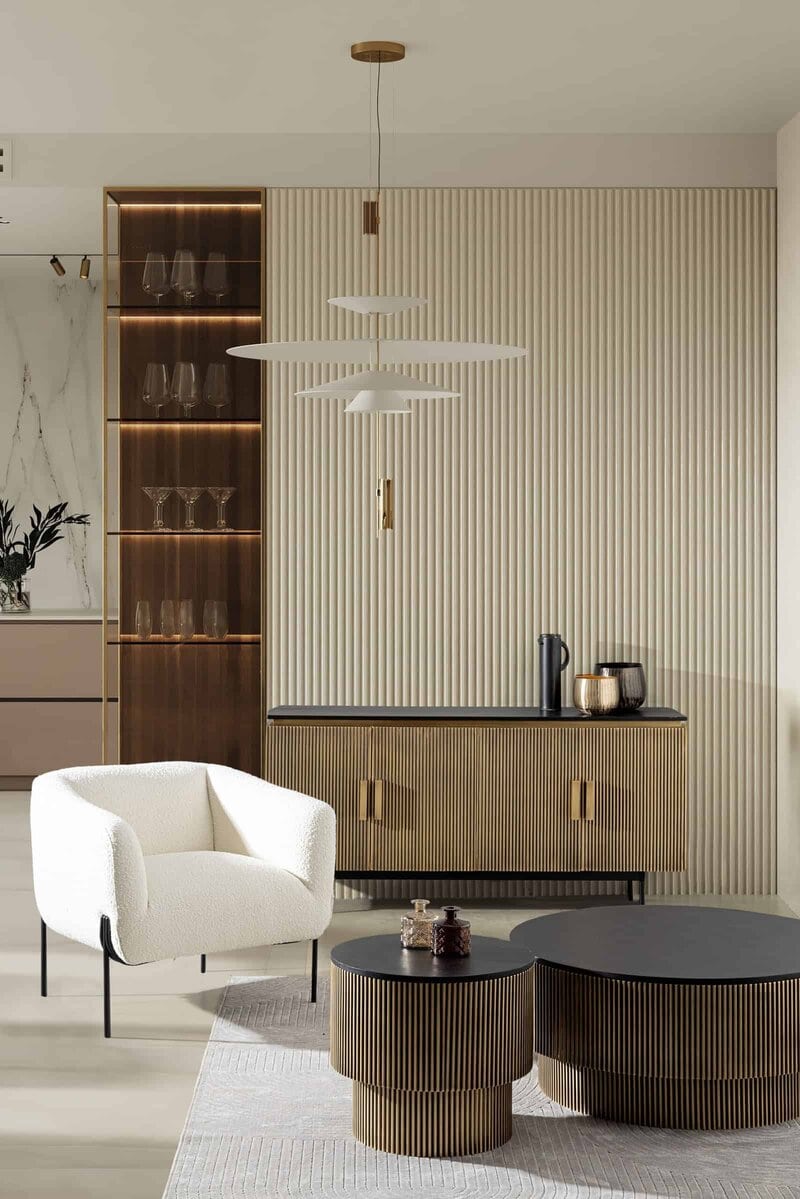 Ampio soggiorno con mobili di design, pareti in stile contemporaneo, e dettagli di arredo eleganti.