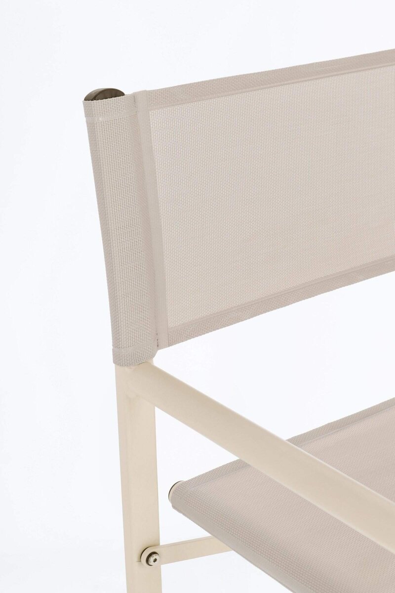 Sedia da terrazza in tessuto beige resistente, perfetta per arredo esterno e relax all'aperto.