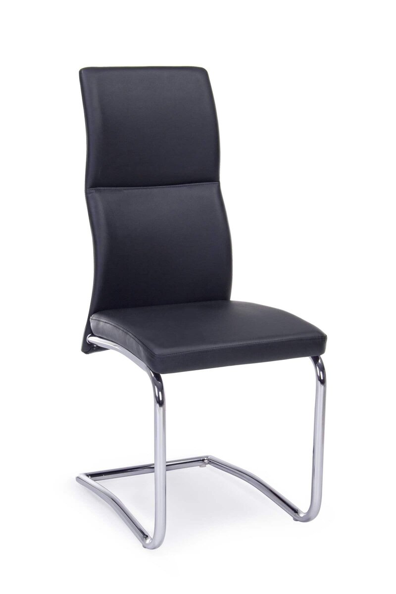Sedia da ufficio elegante con rivestimento in pelle nera e struttura in metallo cromato.
